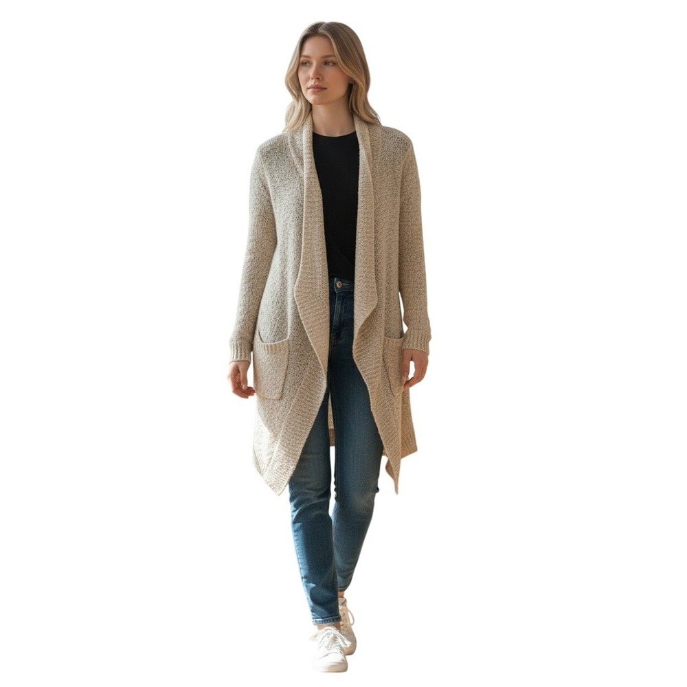 BP Neutral Speckled Knit Cotton Wool Waterfall Cardigan S Open Front Long Sleeve